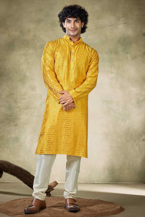 Mustard Yellow Viscose Kurta Pajama with Resham Sequins