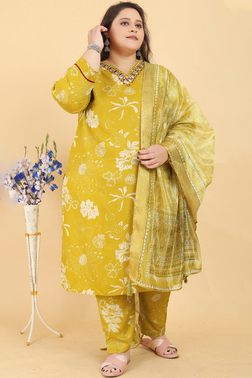 Mustard Yellow Viscose Printed Ready to Wear Straight Cut Trouser Suit
