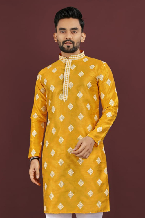 Mustard Yellow Viscose Silk Embroidered Straight Cut Men's Kurta 