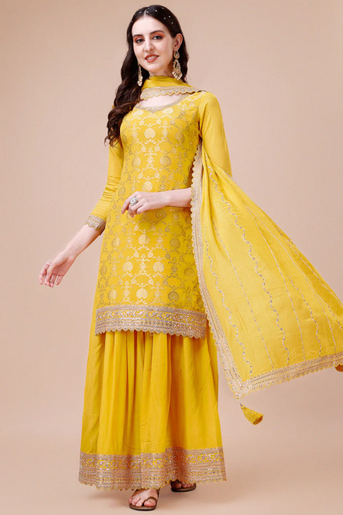 Mustard Yellow Waeved Zari Chanderi Silk Palazzo Suit For Haldi 