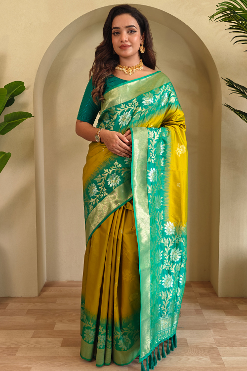 Mustard Yellow Weaved Silk Blend Broad Border Saree