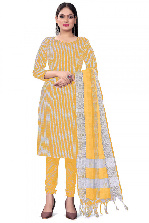 Mustard Yellow Weaved Thread Cotton Churidar Suit 