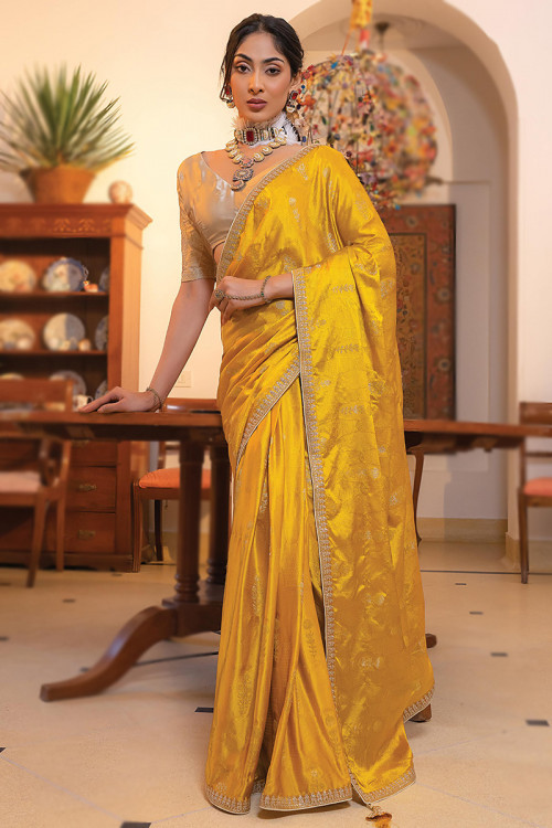 Mustard Yellow Weaved Viscose Satin Sangeet Saree