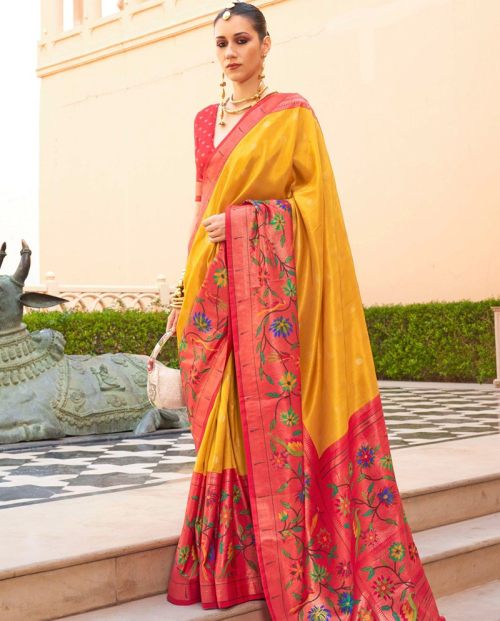 Mustard Yellow Weaved Zari Paithani Silk Saree For Haldi 