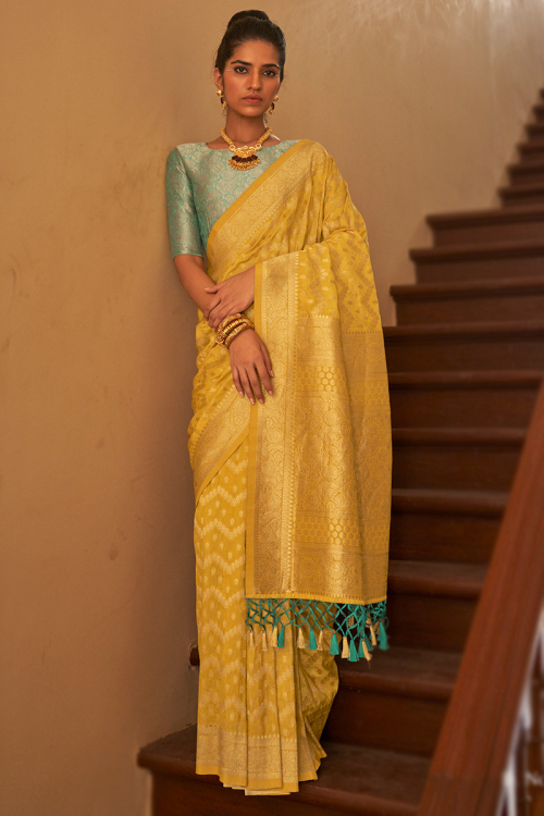 Mustard Yellow Weaved Zari Tussar Silk Saree For Haldi 