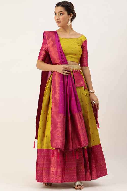 Mustard Yellow Woven Zari Silk Pleated Lehenga 