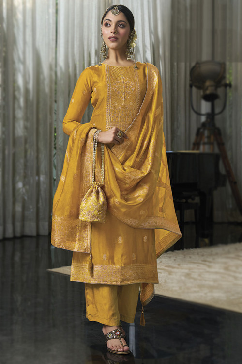 Mustard Yellow Woven Zari Viscose Silk Straight Cut Palazzo Suit 
