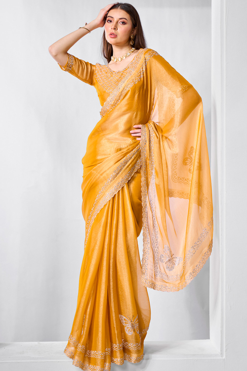 Musturd Yellow Chiffon Light Weight Embroided Saree