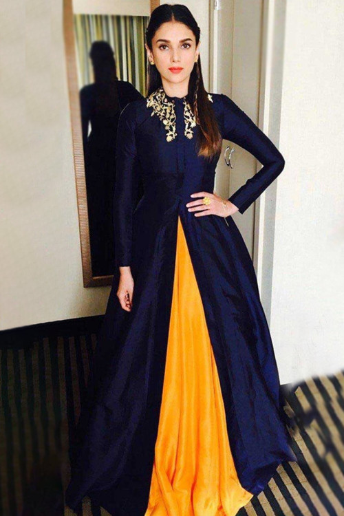 Navy Blue Taffeta Silk Anarkali with Mustard Skirt for Eid