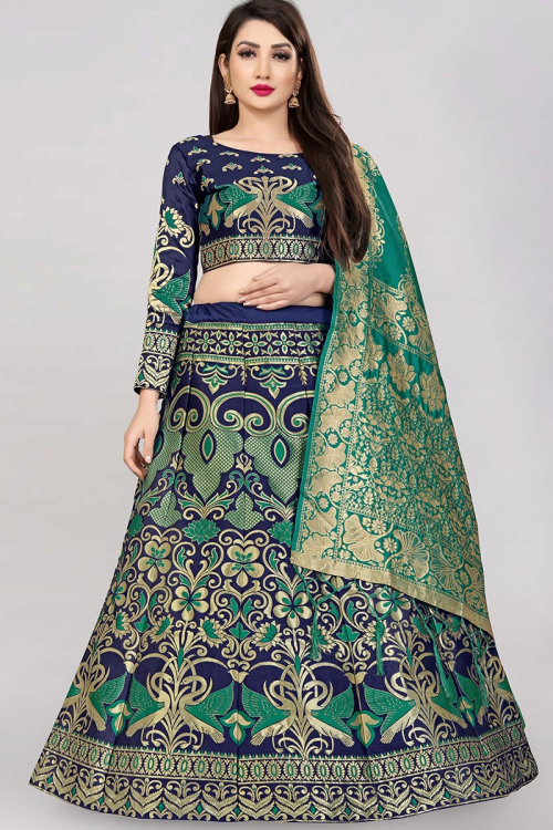 Navy Blue A-line Woven Zari Lehenga Choli 