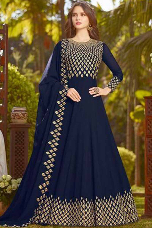 Navy Blue Eid Anarkali Suit With Resham Embroidered