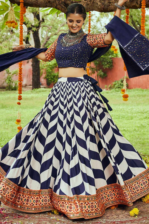 Navy Blue And White Cotton Silk Printed Lehenga