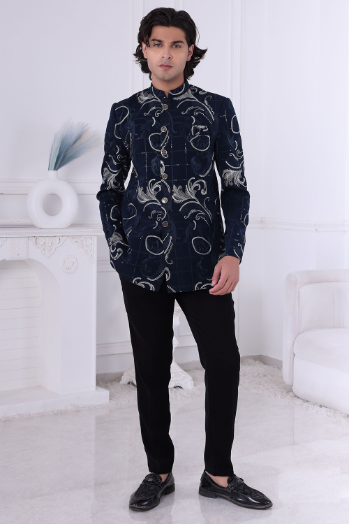 Navy Blue Art Silk Embroidered Jodhpuri Style Men's Sherwani