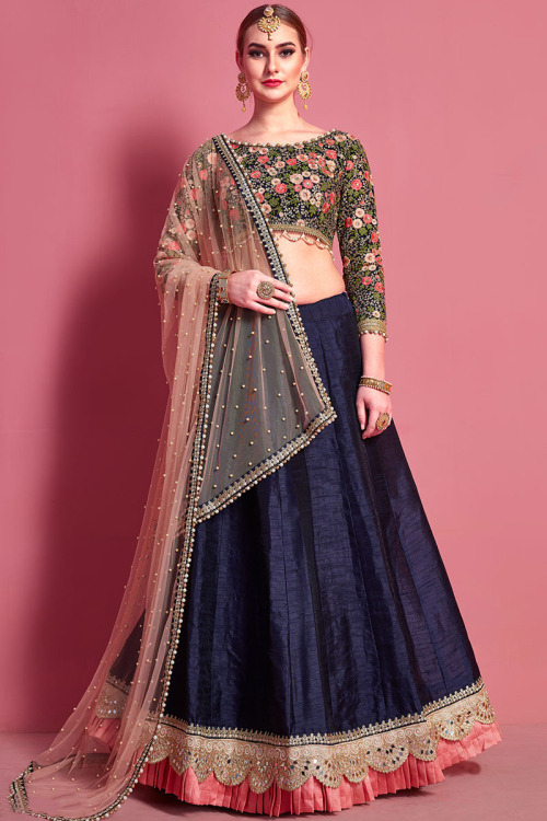 Mirror Work Navy Blue Lehenga in Art Silk for Party 