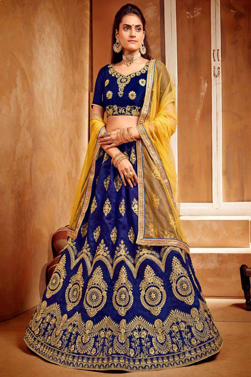 Navy Blue Art Silk Embroidered Lehenga