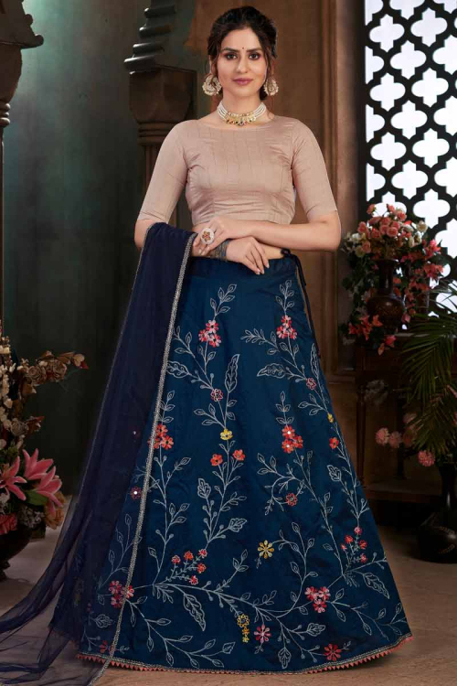Navy Blue Art Silk Embroidered Party Wear Lehenga