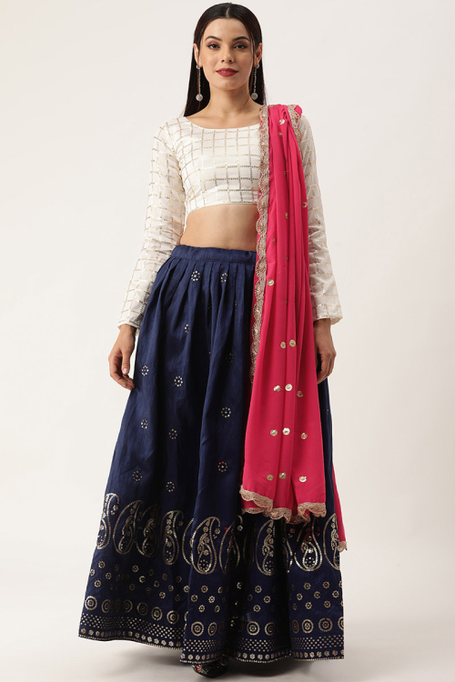 Navy Blue Art Silk Embroidered Lehenga