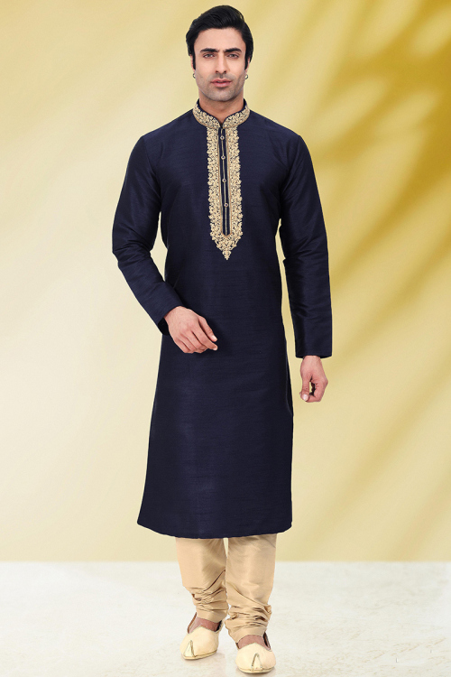 Navy Blue Art Silk Embroidered Men Kurta Pajama