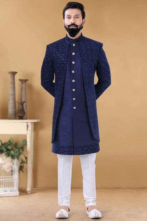 Navy Blue Art Silk Jacket Style Embroidered Men's Sherwani