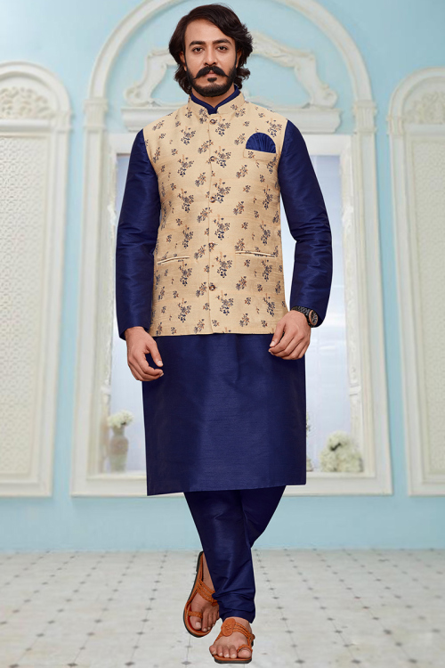 Navy Blue Art Silk Jacket Style Men's Kurta Churidar