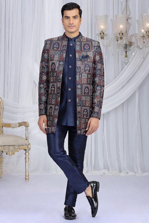 Navy Blue Art Silk Jodhpuri Men's Sherwani