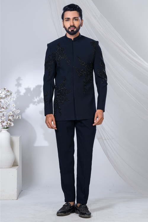 Navy Blue Art Silk Jodhpuri Style Men's Sherwani With Beads Work