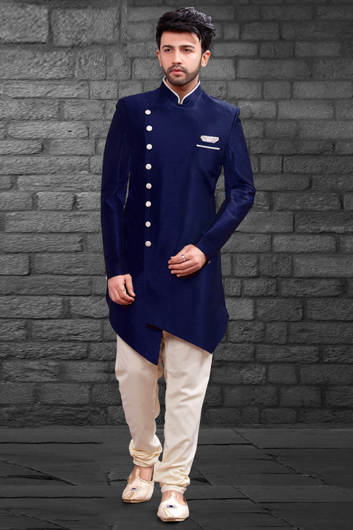Navy Blue Art Silk Men Sherwani With Churidar