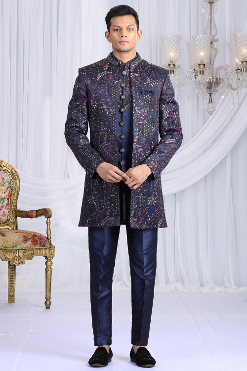 Navy Blue Art Silk Men's Sherwani With Sequins Work