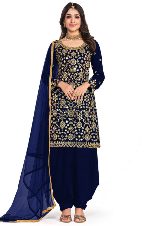 Navy Blue Art Silk Mirror Embroidered Patiala Suit