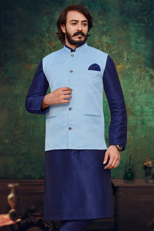 Navy Blue Art Silk Plain Jacket Style Men's Kurta