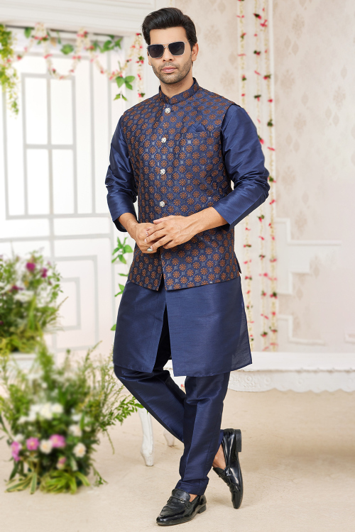 Navy Blue Art Silk Plain Jacket Style Men's Sherwani 