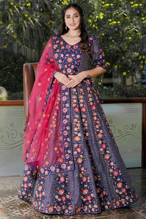Navy Blue Art Silk Resham Thread A Line Lehenga