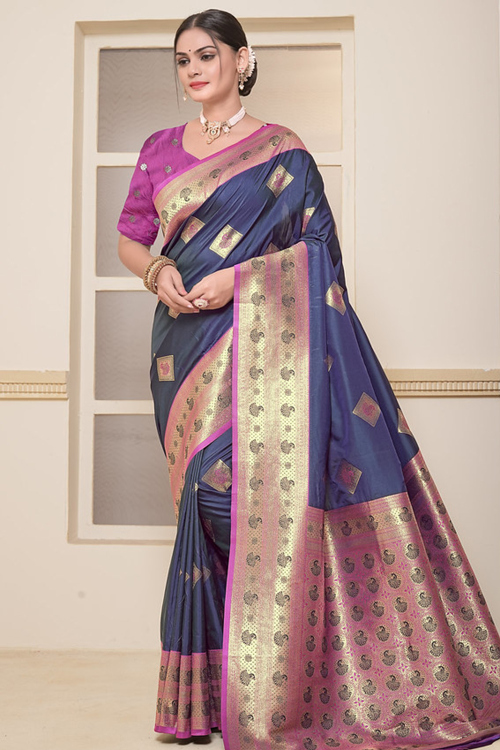 Navy Blue Art Silk Weaved Broad Border Saree 