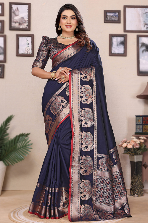 Navy Blue Art Silk Weaved Broad Border Saree 
