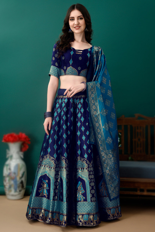 Navy Blue Art Silk Woven Zari Panelled Style Lehenga