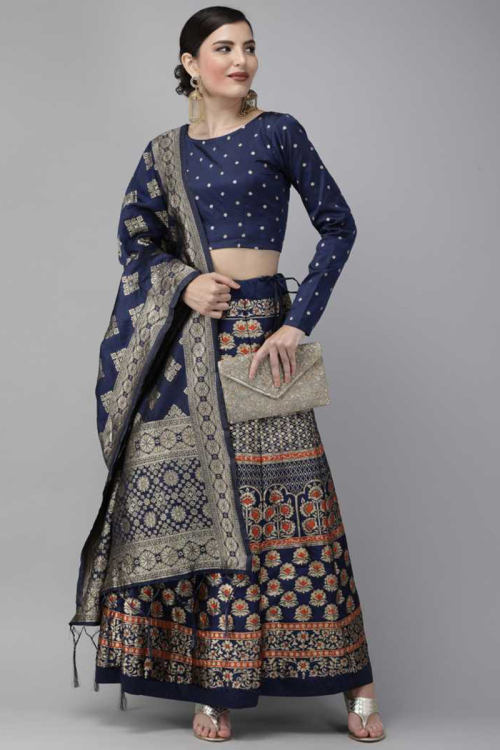 Zari Work Navy Blue Lehenga in Banarasi Silk for Wedding 