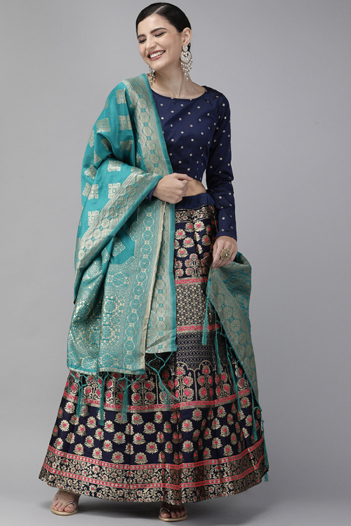 Navy Blue Banarasi Silk Wedding Lehenga in Banarasi Silk