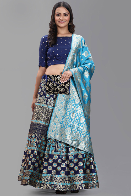 Lehenga in Banarasi Silk Navy Blue with Zari Work for Party 