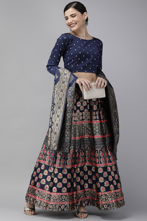 Navy Blue Banarasi Silk Embroidered Lehenga