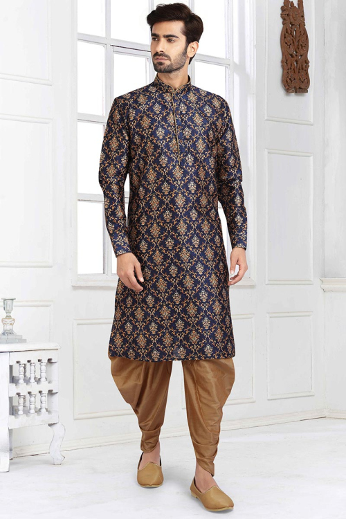 Navy Blue Banarasi Silk Straight Cut Men's Kurta Pajama