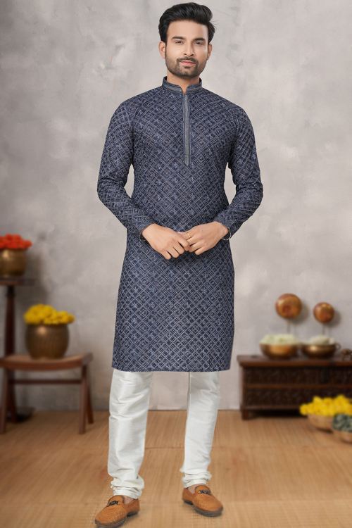 Navy Blue Bandhej Print Cotton Men's Traditional Kurta With Churidar for Wedding & Party
