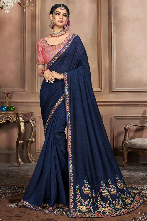 Navy Blue Bangalori Silk Embroidered Saree