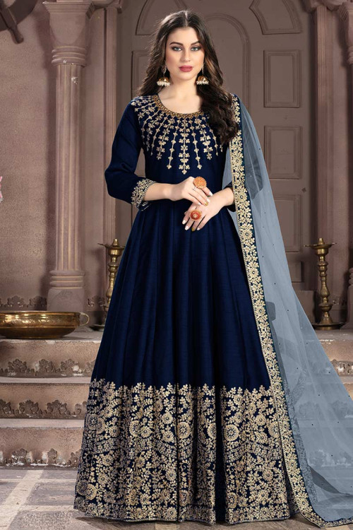 Navy Blue Banglori Silk Wedding Anarkali Suit