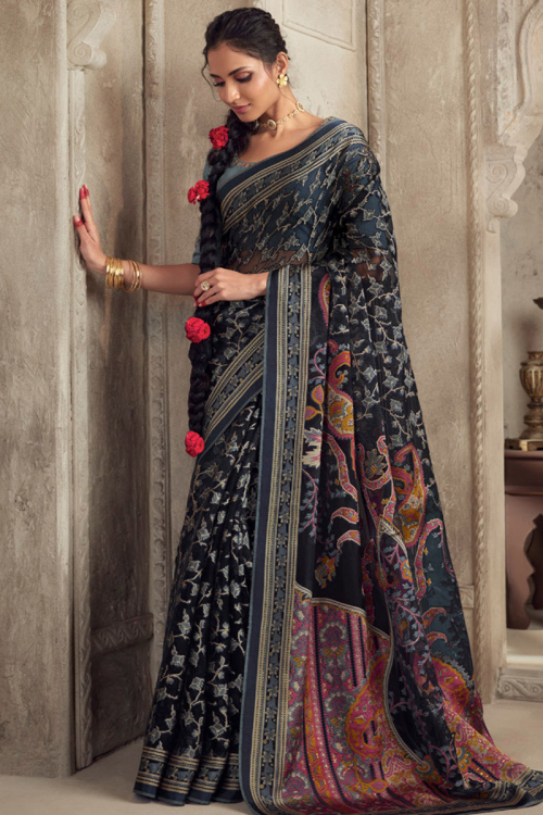 Navy Blue Brasso Weaved Thread Light Weight Saree 