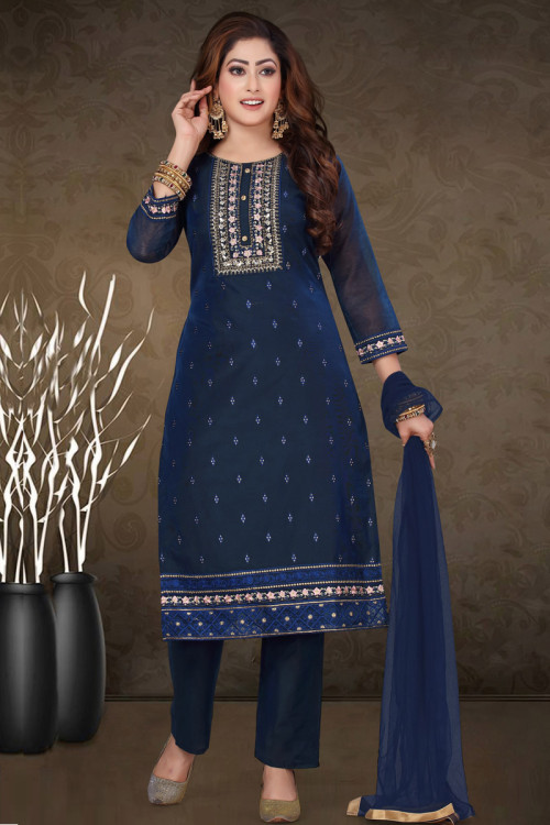 Navy Blue Chanderi Embroidered Trouser Suit