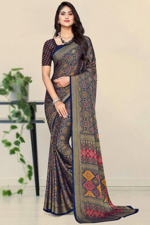 Saree for Casual Wear in Chiffon Navy Blue with Print Work
