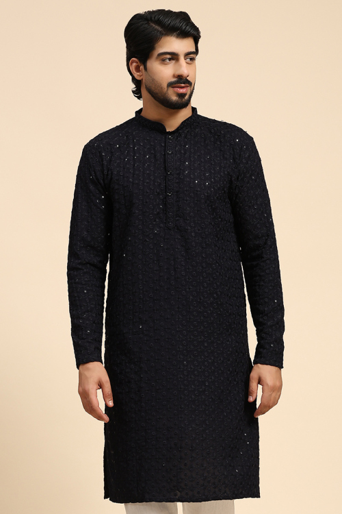 Navy Blue Chikankari Cotton Embroidered Men's Kurta For Sangeet 