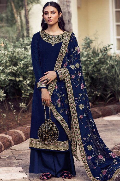 Navy Blue Florida Silk Embroidered Palazzo Suit
