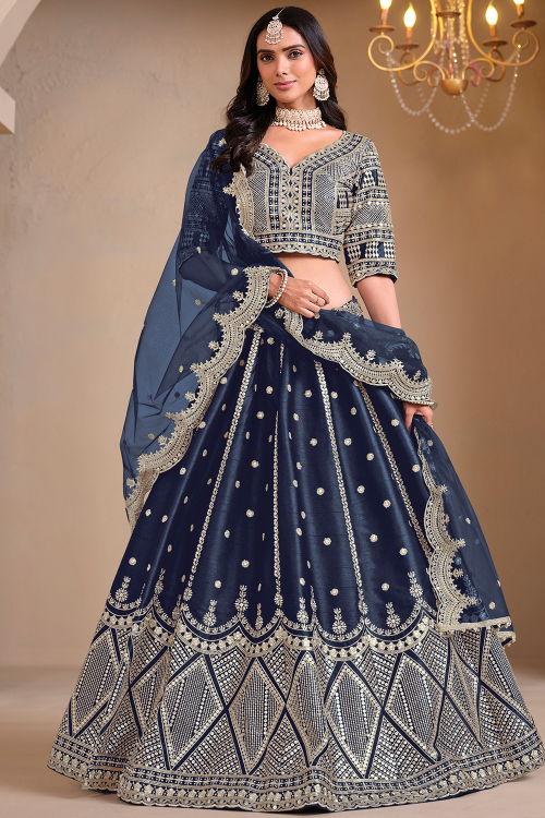 Navy Blue Chinnon Lehenga with Zari Work for Diwali 