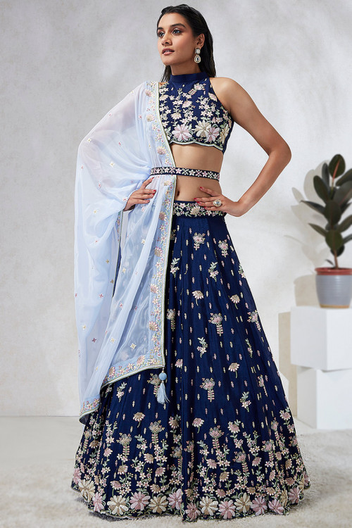 Navy Blue Chinnon Sequins Embroidered Lehenga For Sangeet 